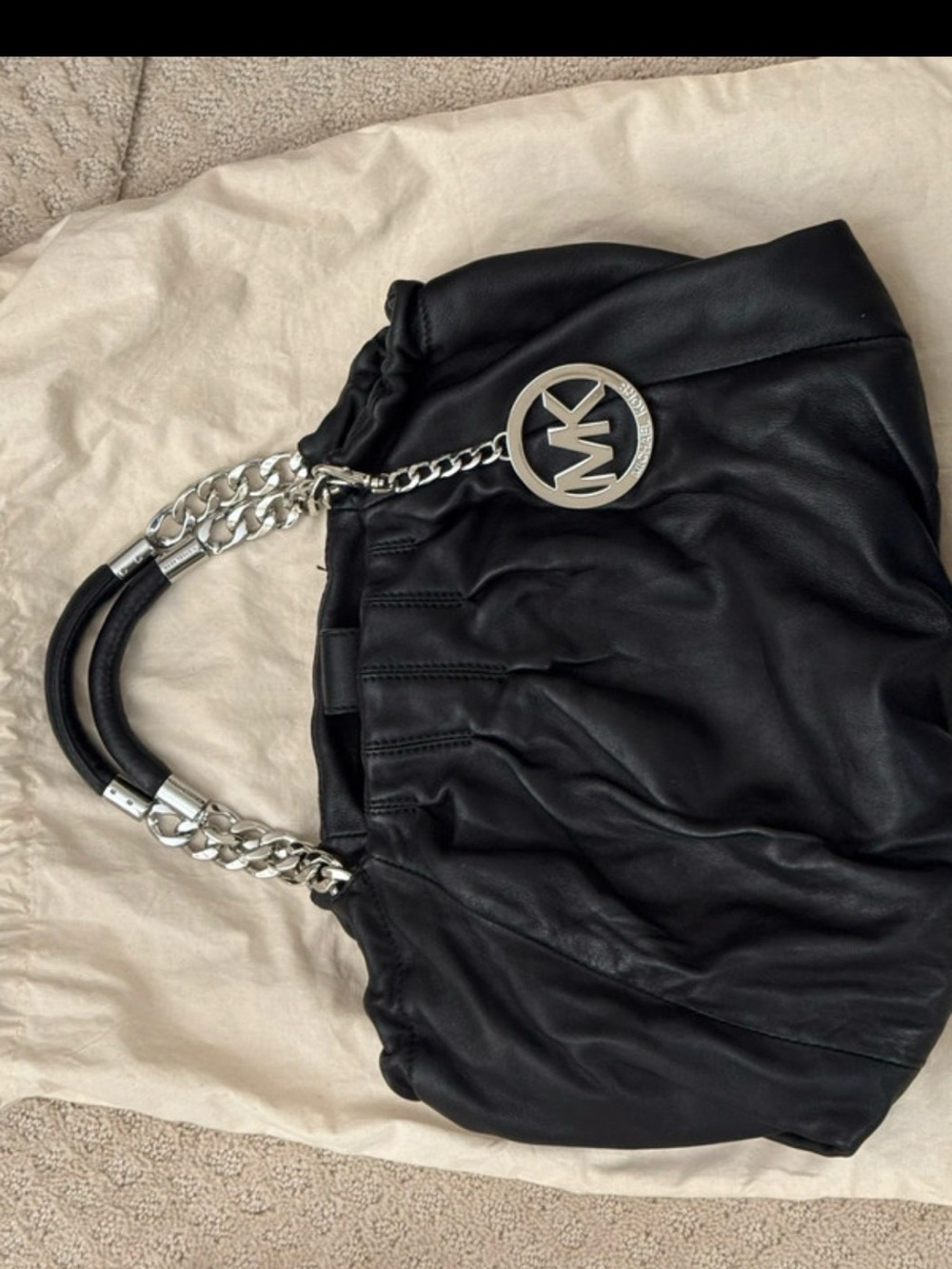 Michael Kors Black Leather Shoulder Bag with Silver Chain and MK Charm